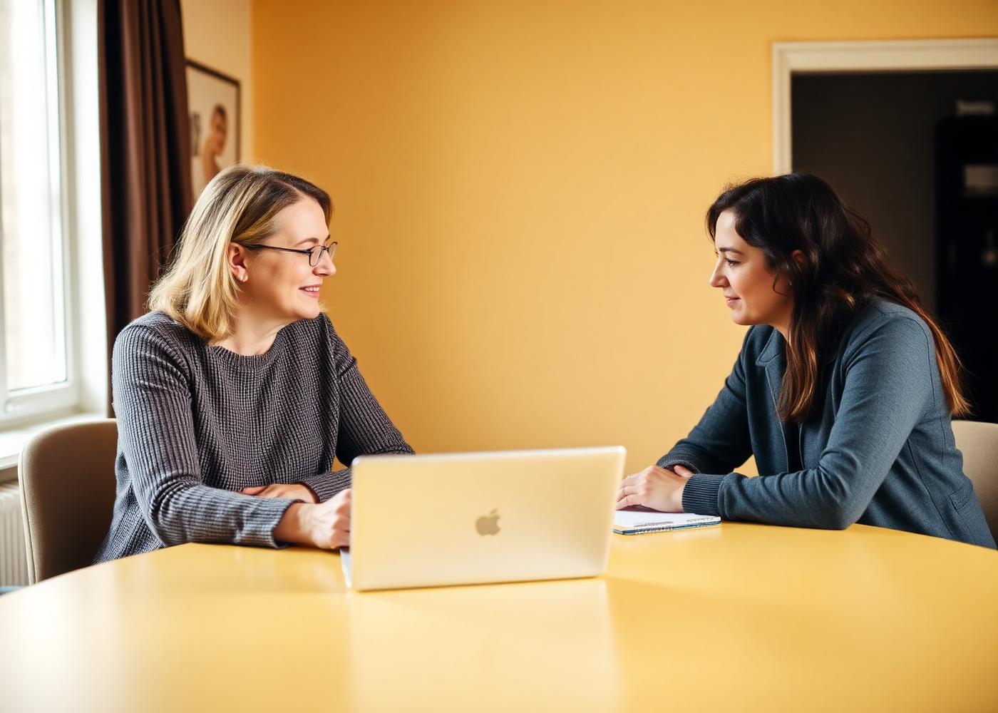 Handledare och deltagare samtalar vid ett bord